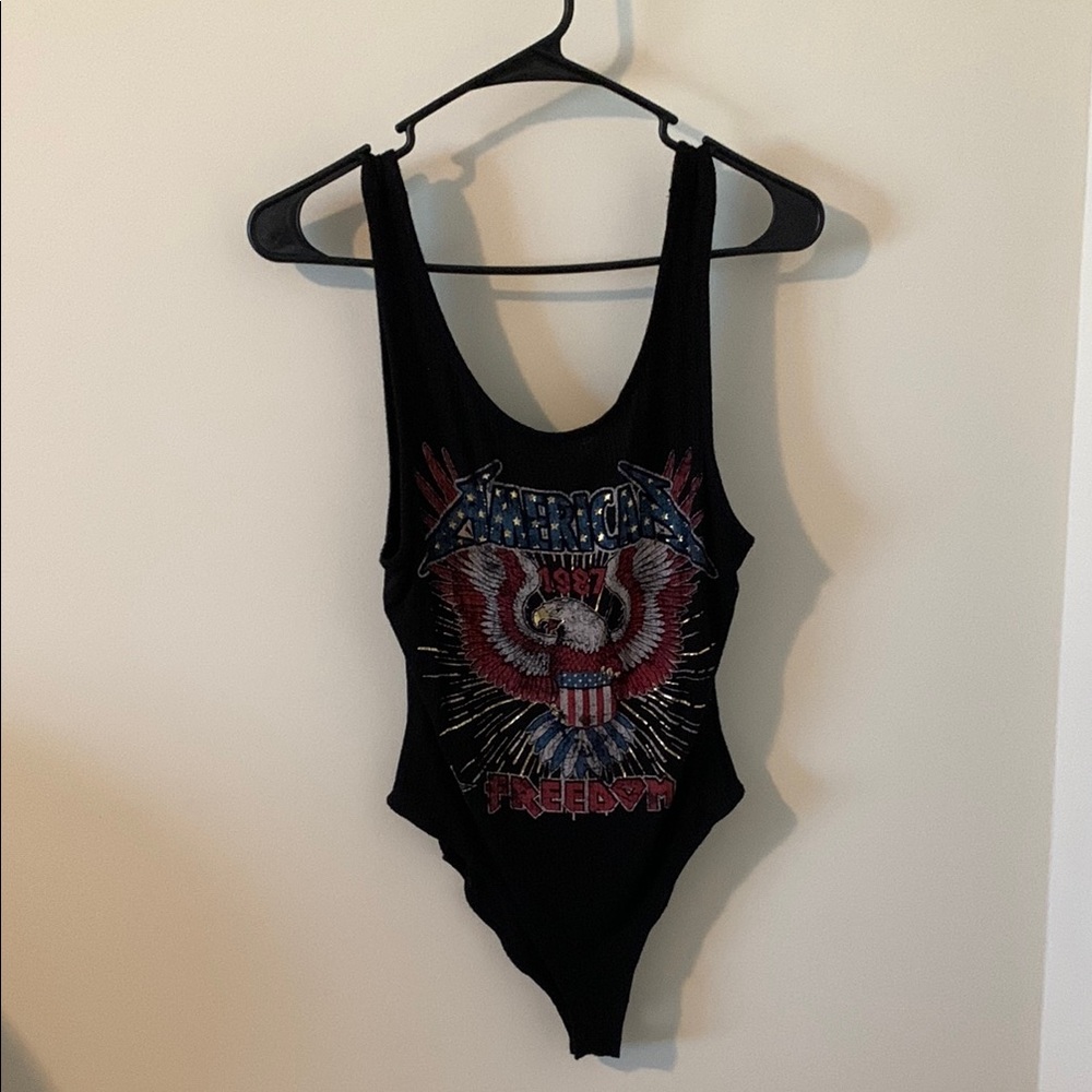 Black Graphic Bodysuit with Eagle Design